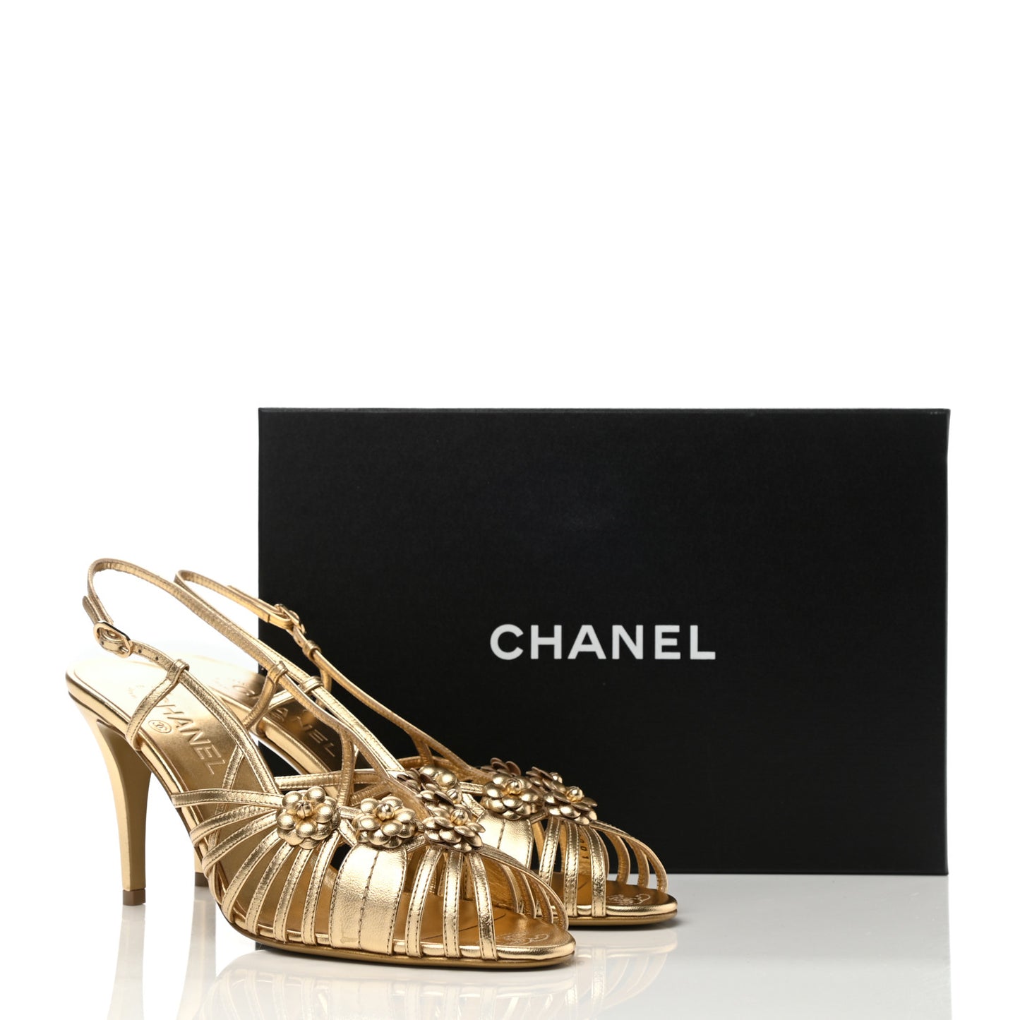 Laminated Lambskin Camellia Sandals 41 Gold