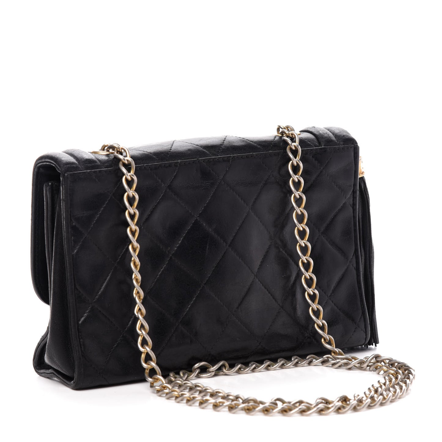 Lambskin Quilted Tassel Shoulder Flap Bag Black