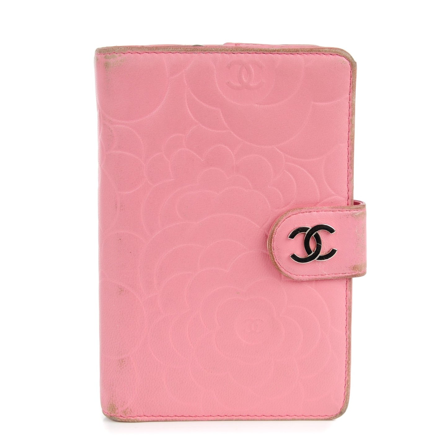 Lambskin Camellia Embossed Zipped Pocket Wallet Pink