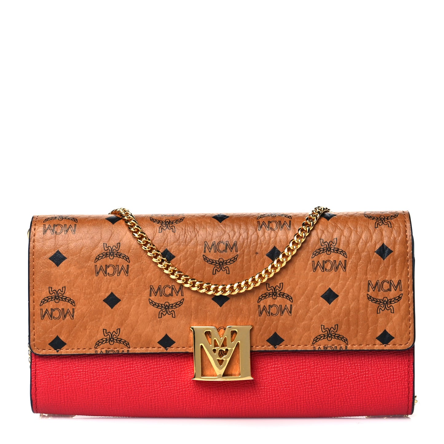 Visetos Calfskin Large Mena Crossbody Wallet On Chain Cognac Ruby Red