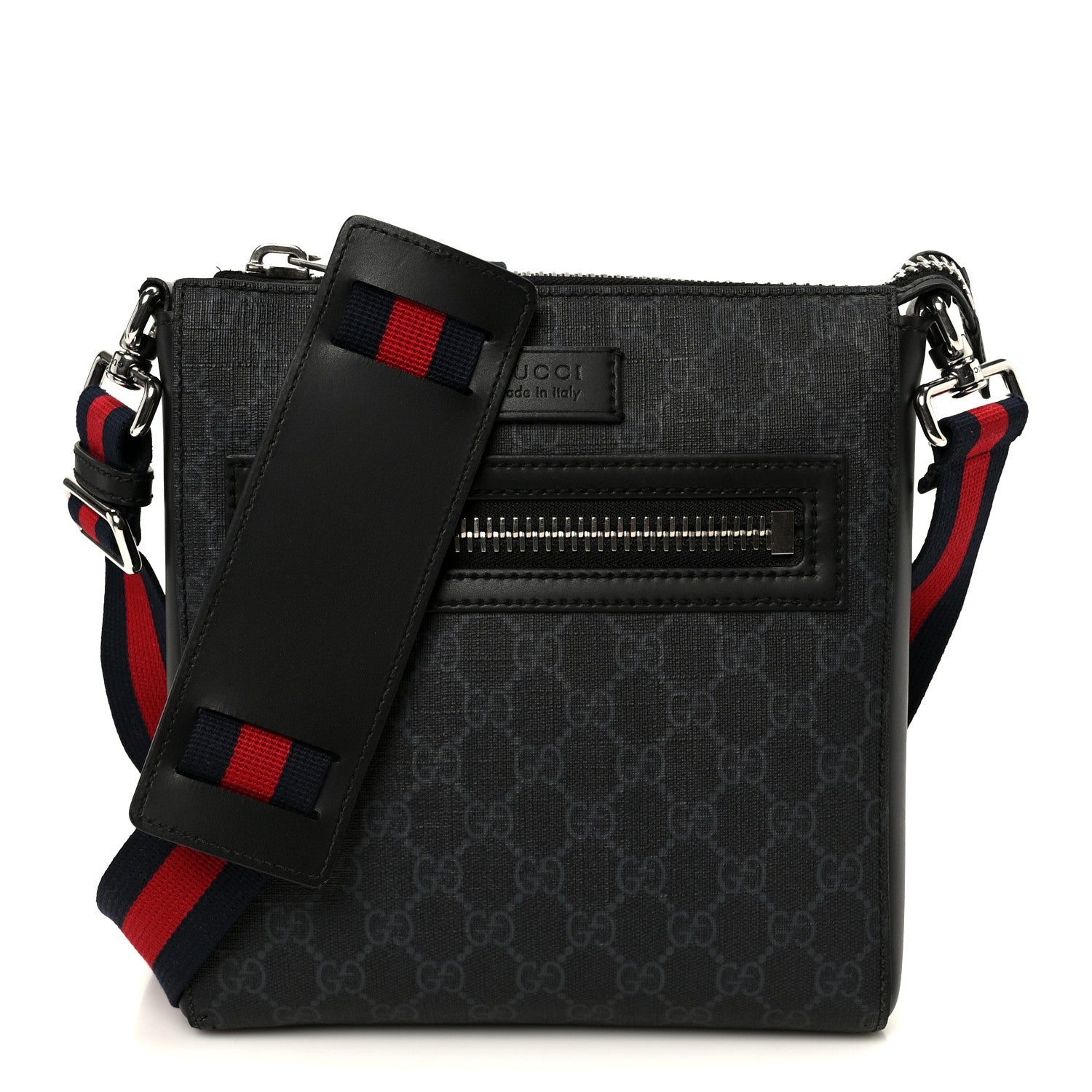Gucci GG Supreme Monogram Web Small Flat Messenger Bag Black Grey 1 of 11