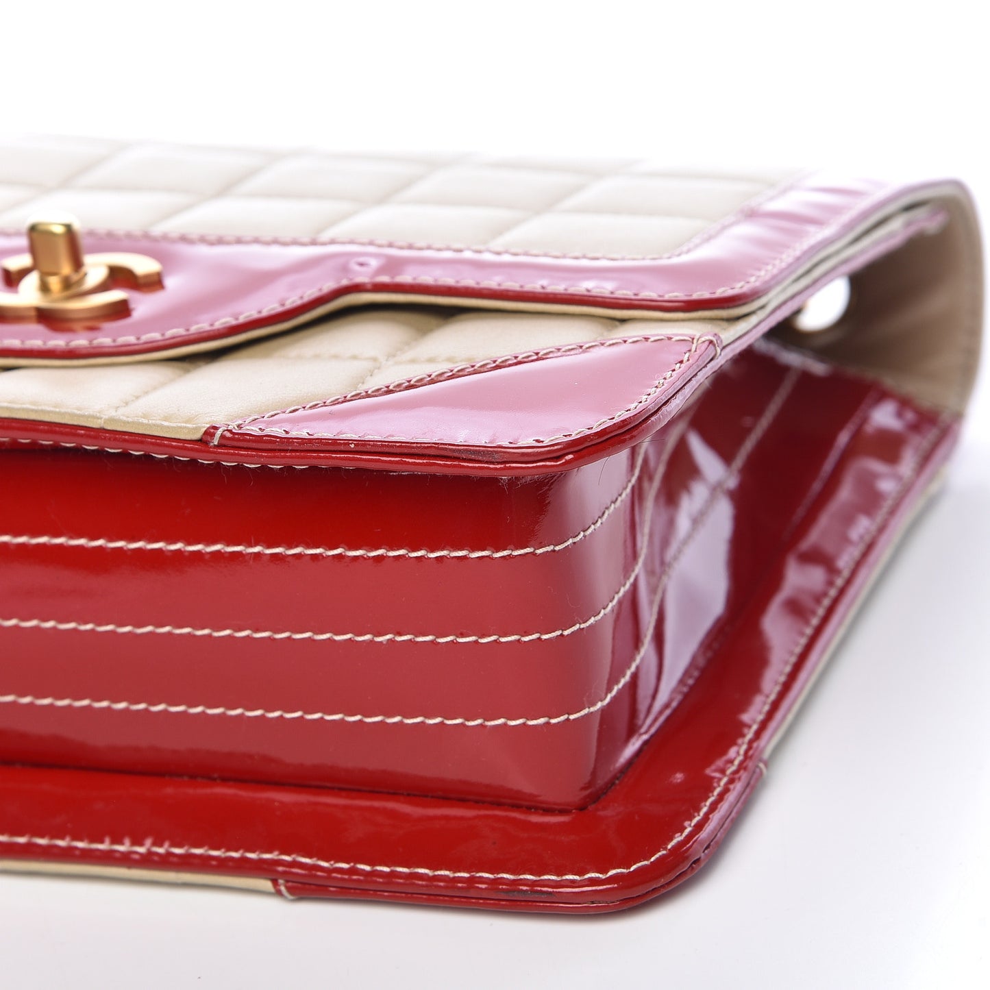 Lambskin Patent Chocolate Bar Flap Beige Red