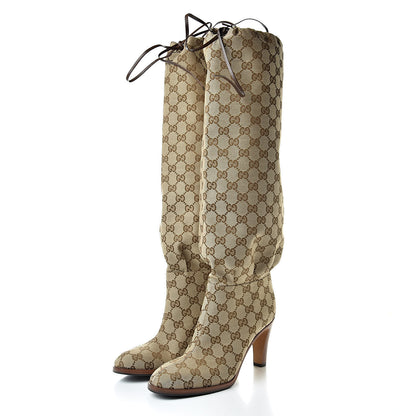 Gucci Monogram Malaga Kid Lisa Mid Heel Boots 37.5 Beige Ebony 3 of 6