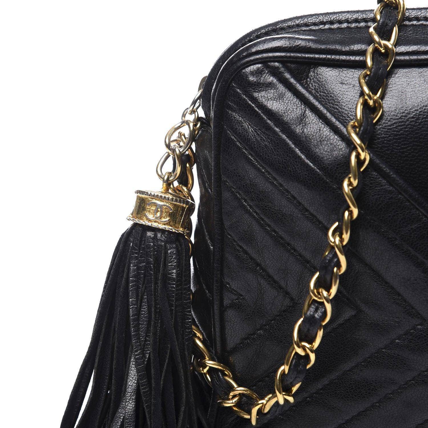 Chanel Lambskin Chevron Quilted Tassel Camera Case Black 11 of 11