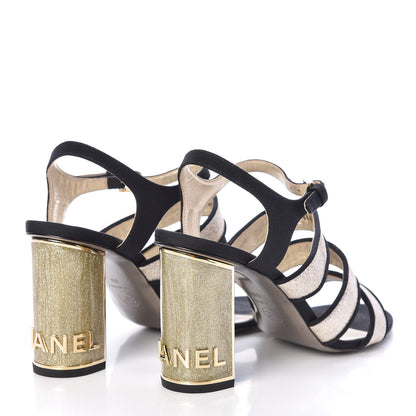 Chanel Sequin Grosgrain Logo Sandals 39 Black Gold 4 of 8