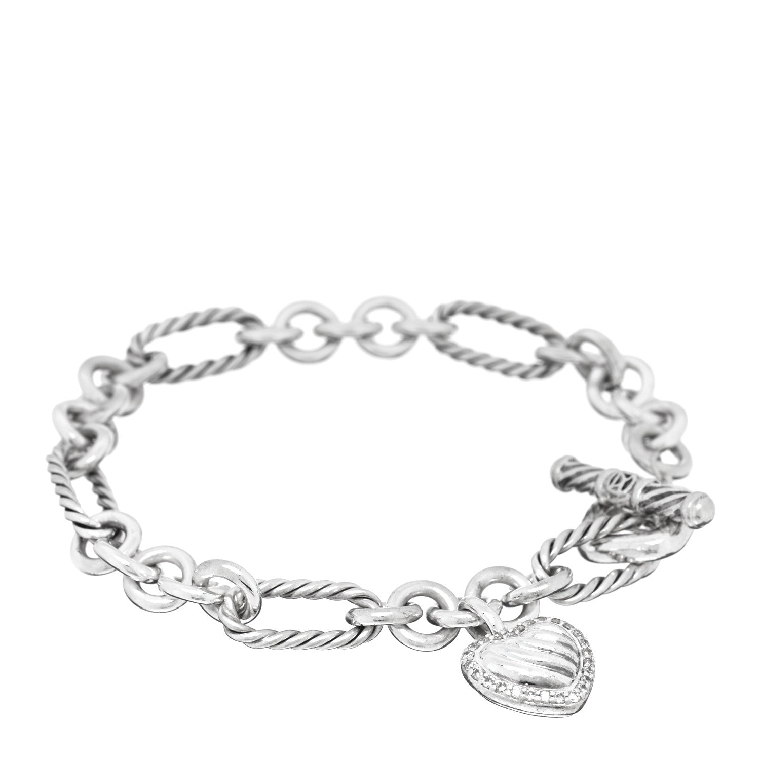David Yurman Sterling Silver Diamond Cable Heart Charm Bracelet 1 of 3