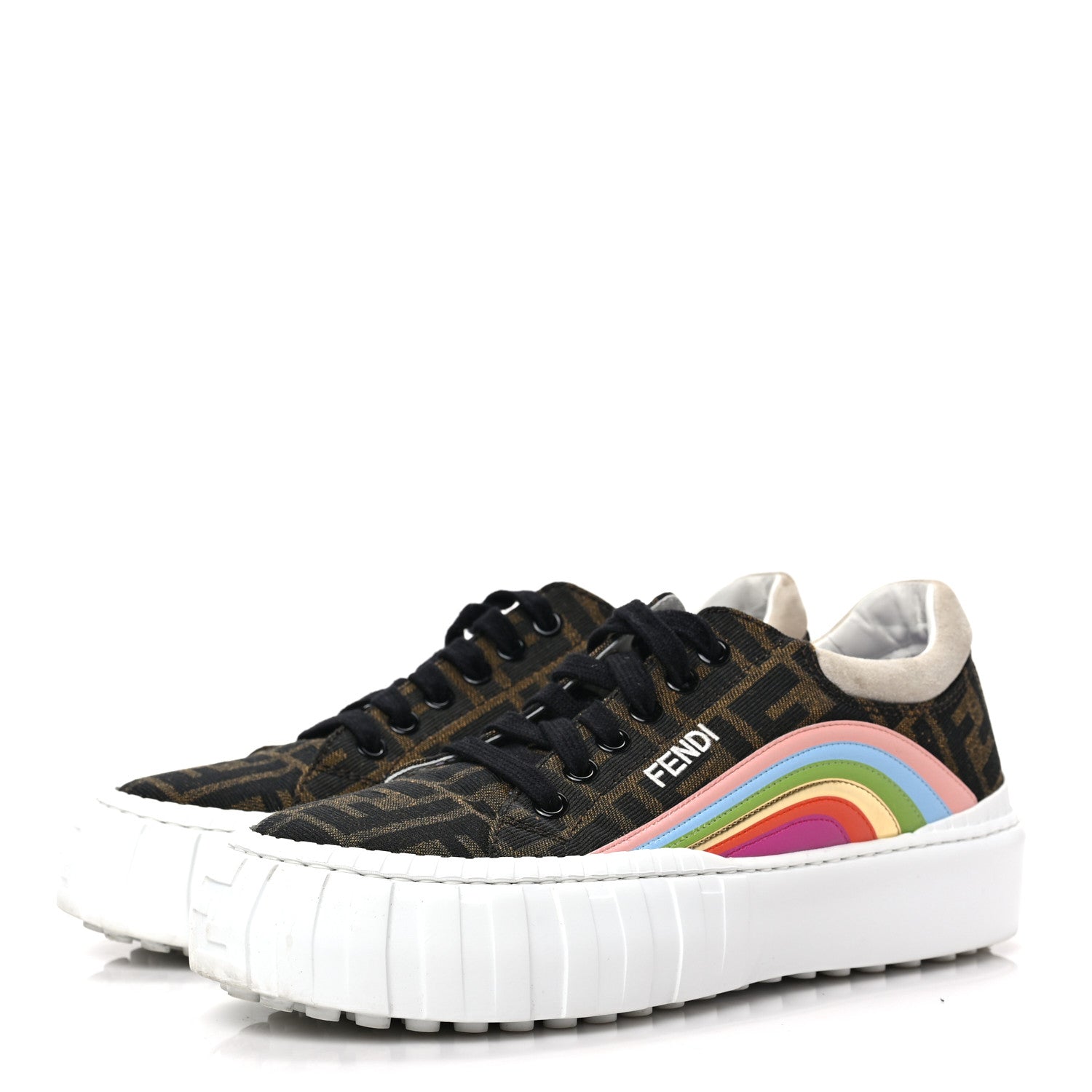 Fendi Fabric Jacquard FF Rainbow Womens Fendi Force Low-Top Sneakers 37 Tobacco Black White Multicolor 3 of 6
