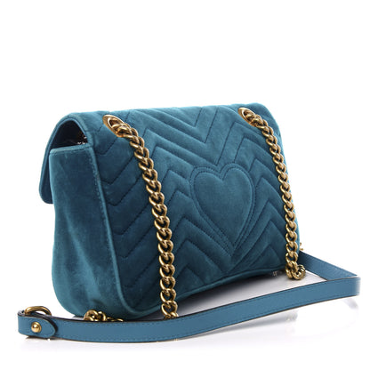 Gucci Velvet Matelasse Small GG Marmont Shoulder Bag Pavone Cyan 2 of 8