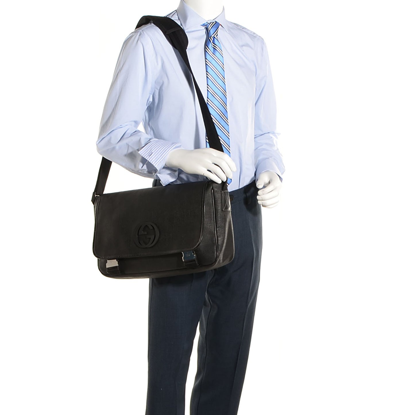 Coated Canvas Interlocking G Double Buckle Flap Messenger Bag Black