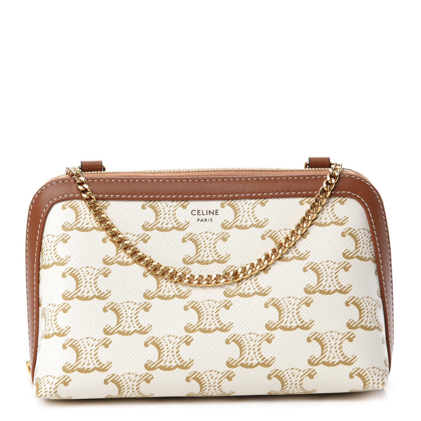 Lambskin Triomphe Canvas Clutch With Chain White Tan