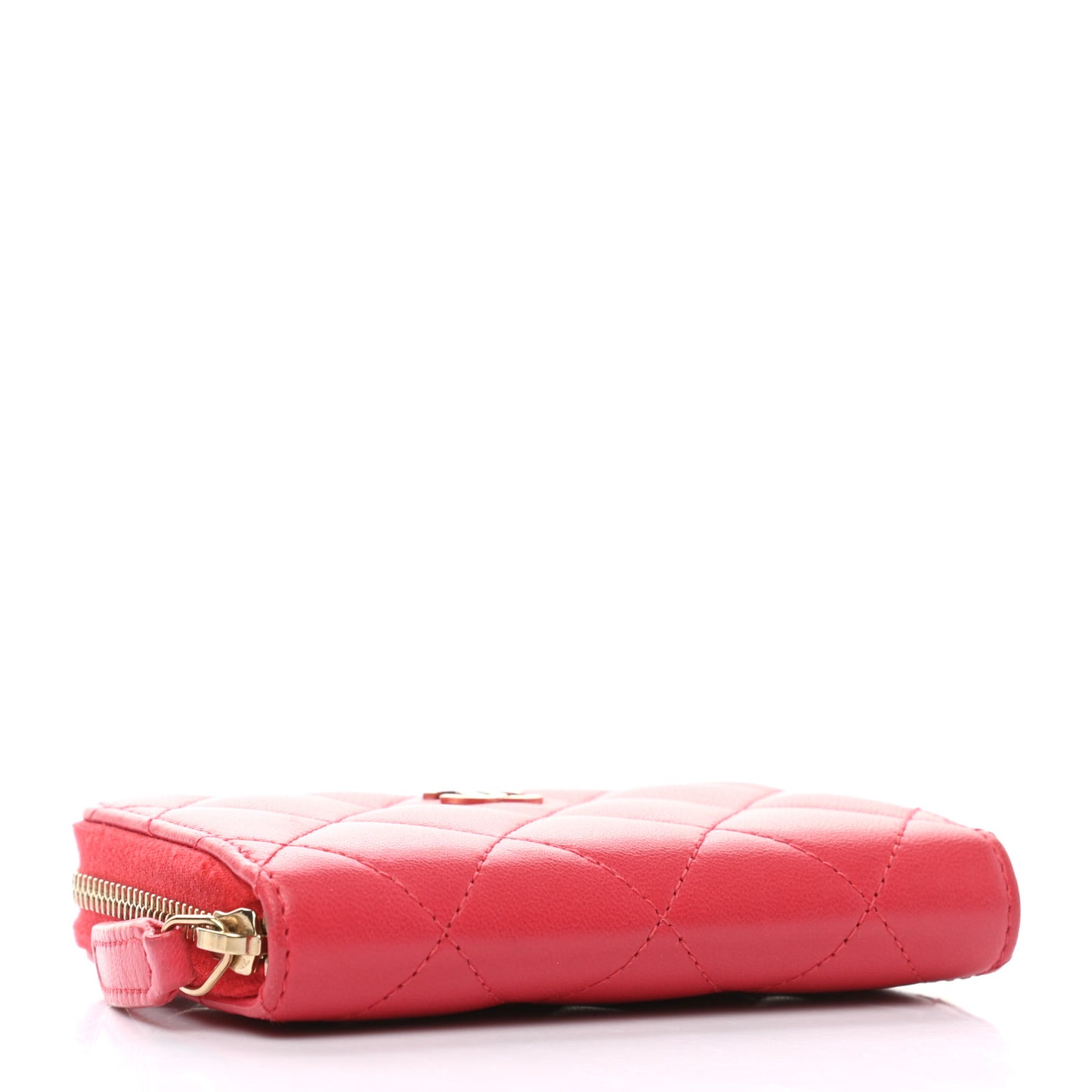 Lambskin Quilted Zip Around Coin Purse Wallet Light Red
