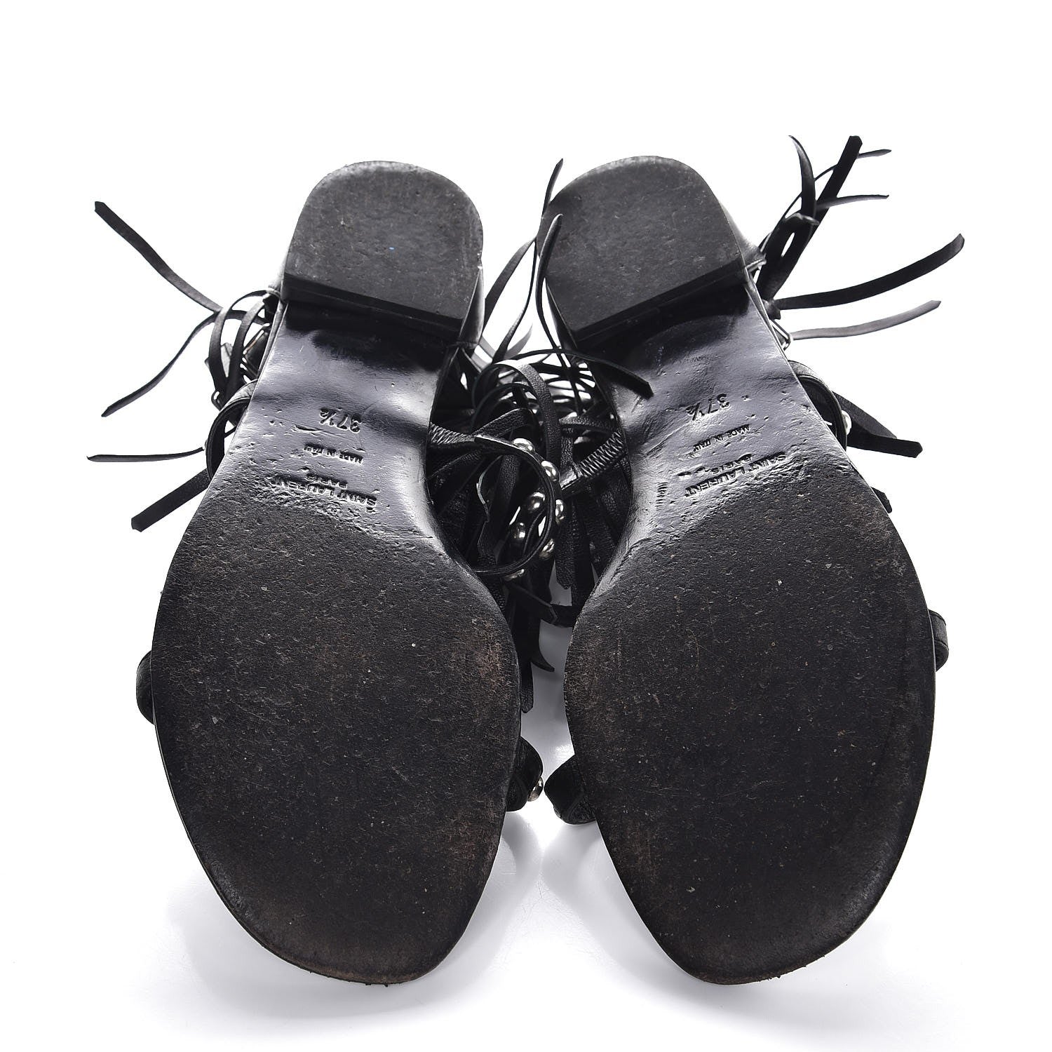 Saint Laurent Calfskin Studded Fringe Cyuko Sandals 37.5 Black 6 of 8