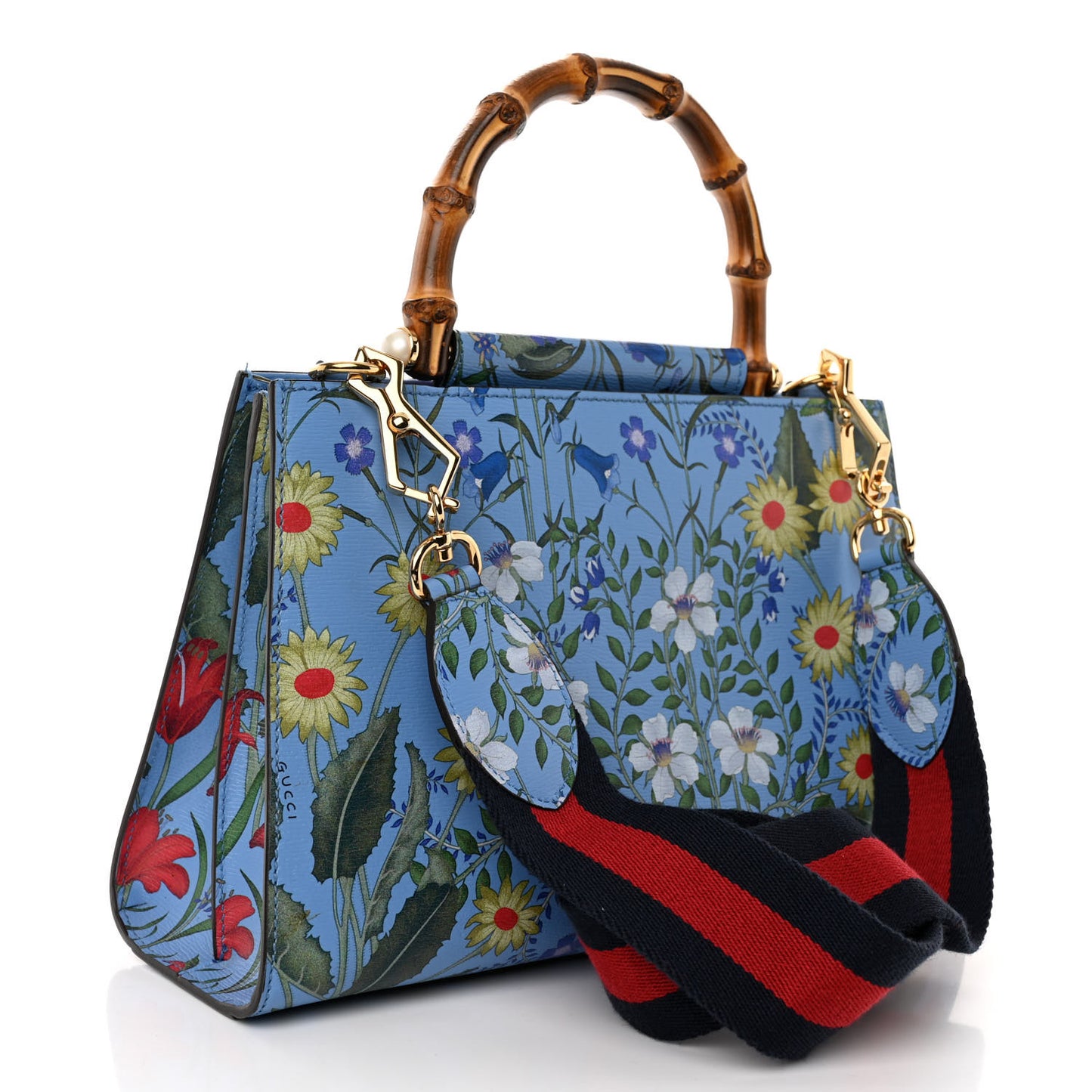 Calfskin Bamboo Web New Flora Small Nymphaea Top Handle Bag Azure