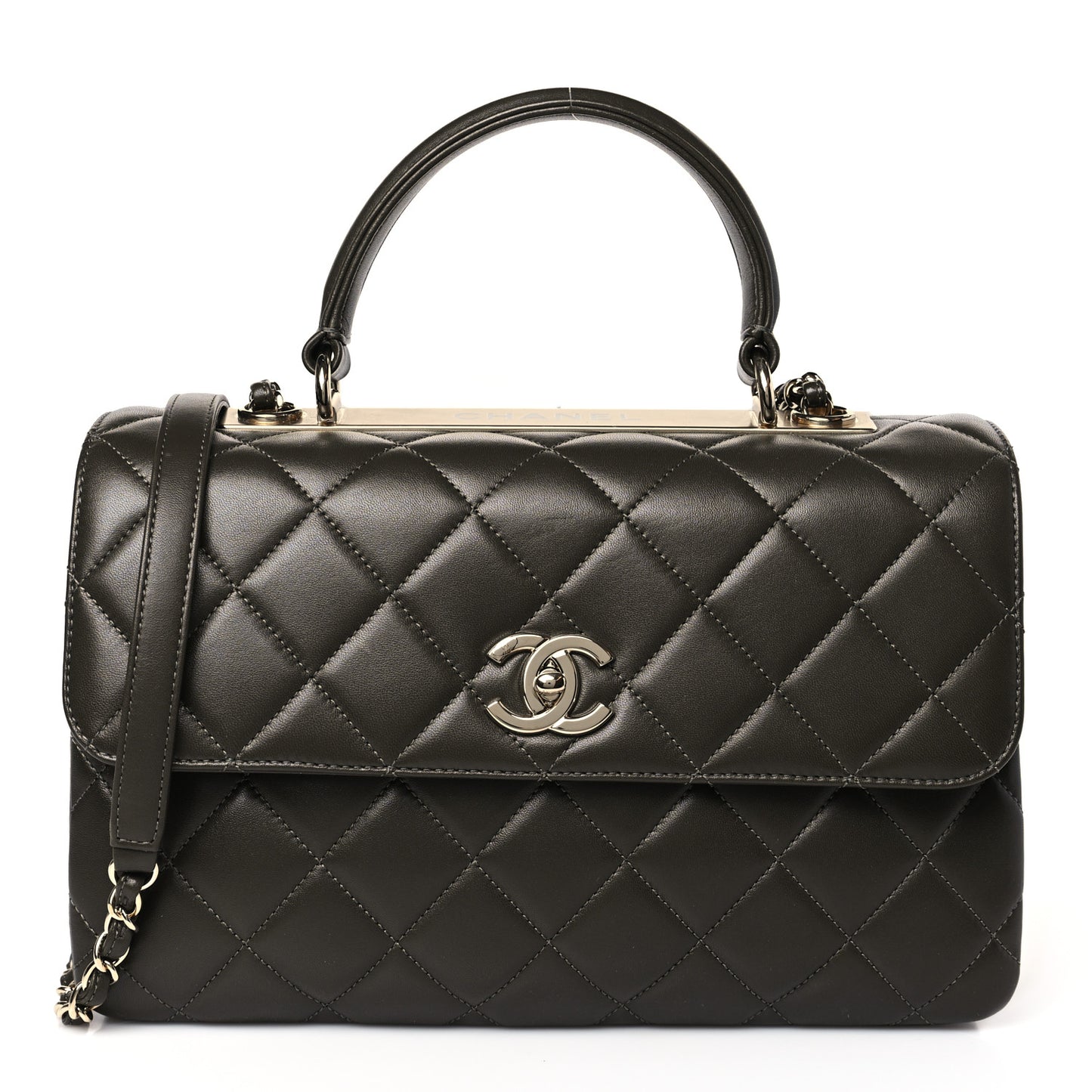 Lambskin Quilted Medium Trendy CC Flap Dual Handle Bag Dark Khaki