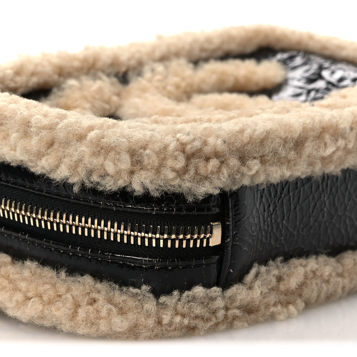 Shiny Crumpled Sheepskin Shearling Waist Bag Black Beige