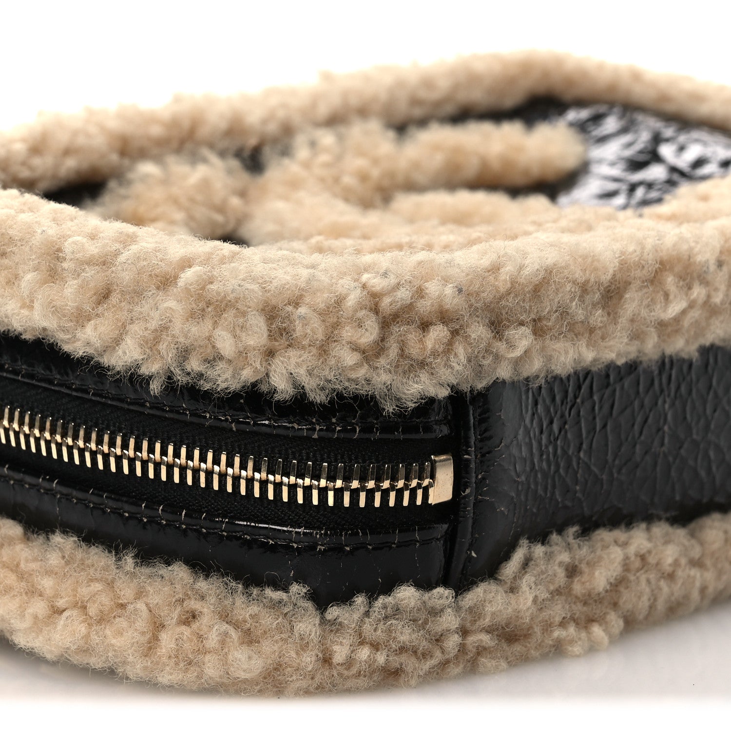 Chanel Shiny Crumpled Sheepskin Shearling Waist Bag Black Beige 9 of 13