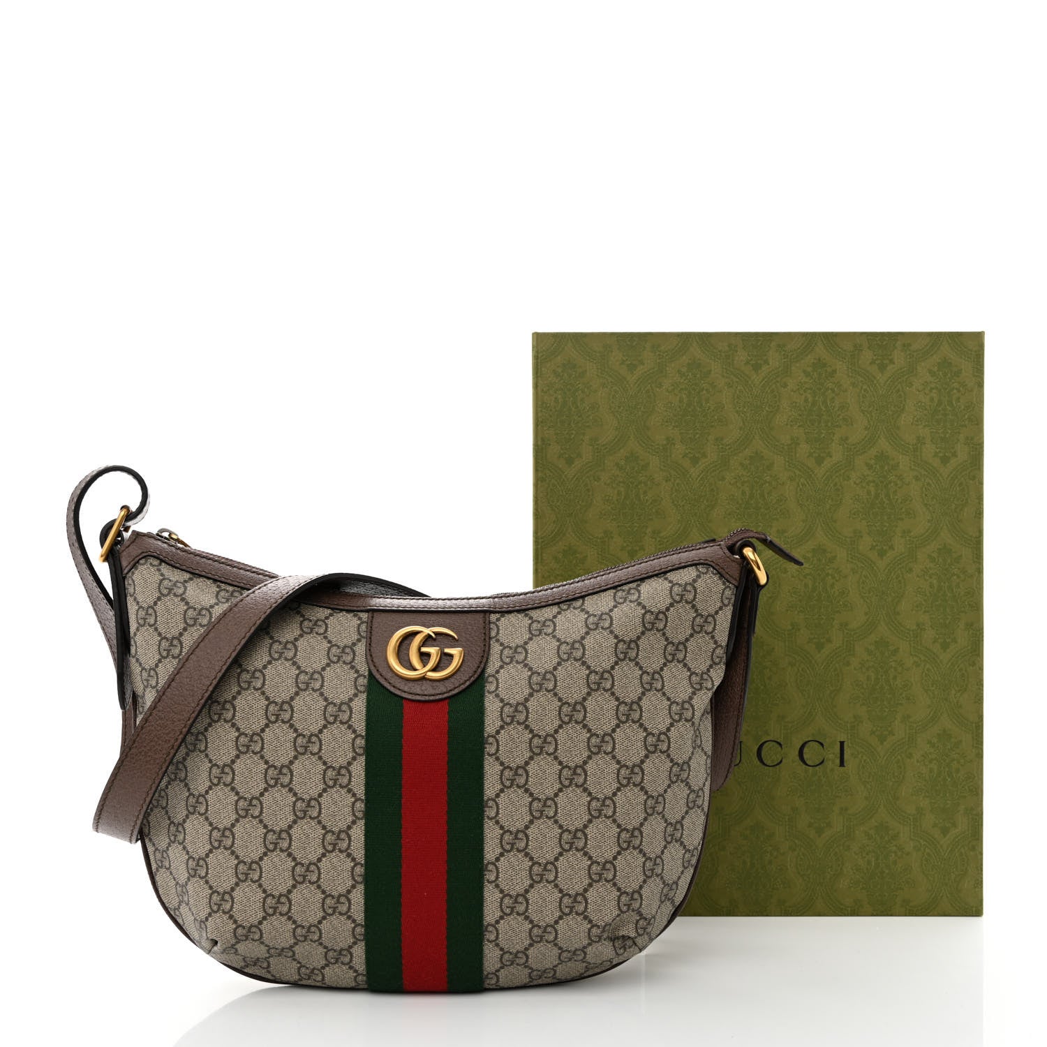 Gucci GG Supreme Monogram Textured Dollar Calfskin Web Small Ophidia Half Moon Hobo Beige Ebony New Acero 13 of 13