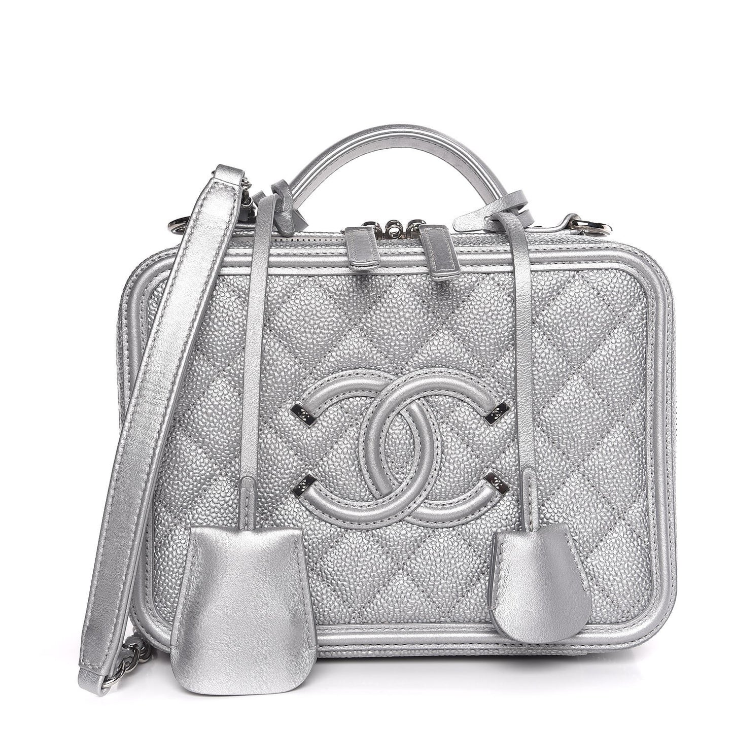 Metallic Caviar Quilted Medium CC Filigree Vanity Case Silver