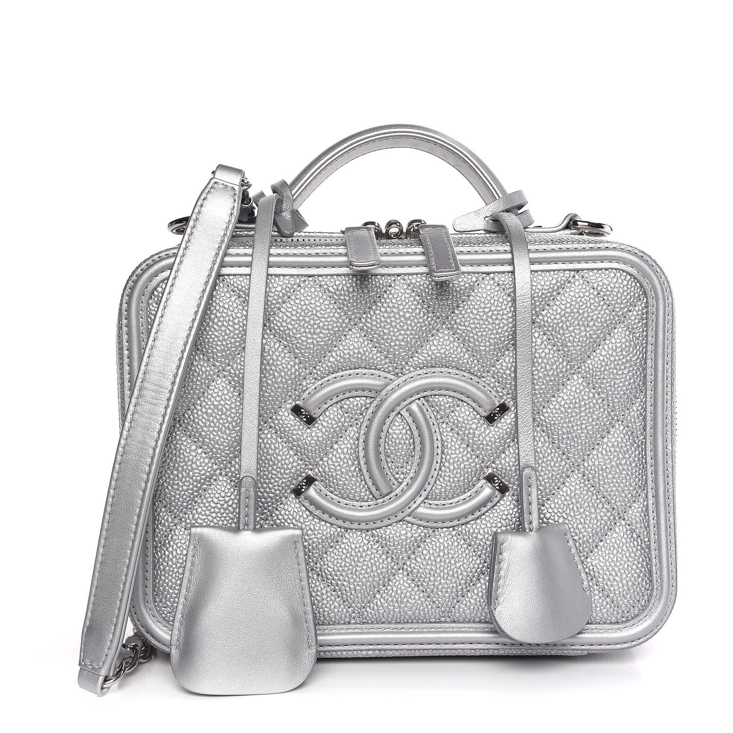 Chanel Metallic Caviar Quilted Medium CC Filigree Vanity Case Silver 1 of 8