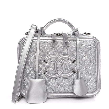 Chanel Metallic Caviar Quilted Medium CC Filigree Vanity Case Silver 1 of 8