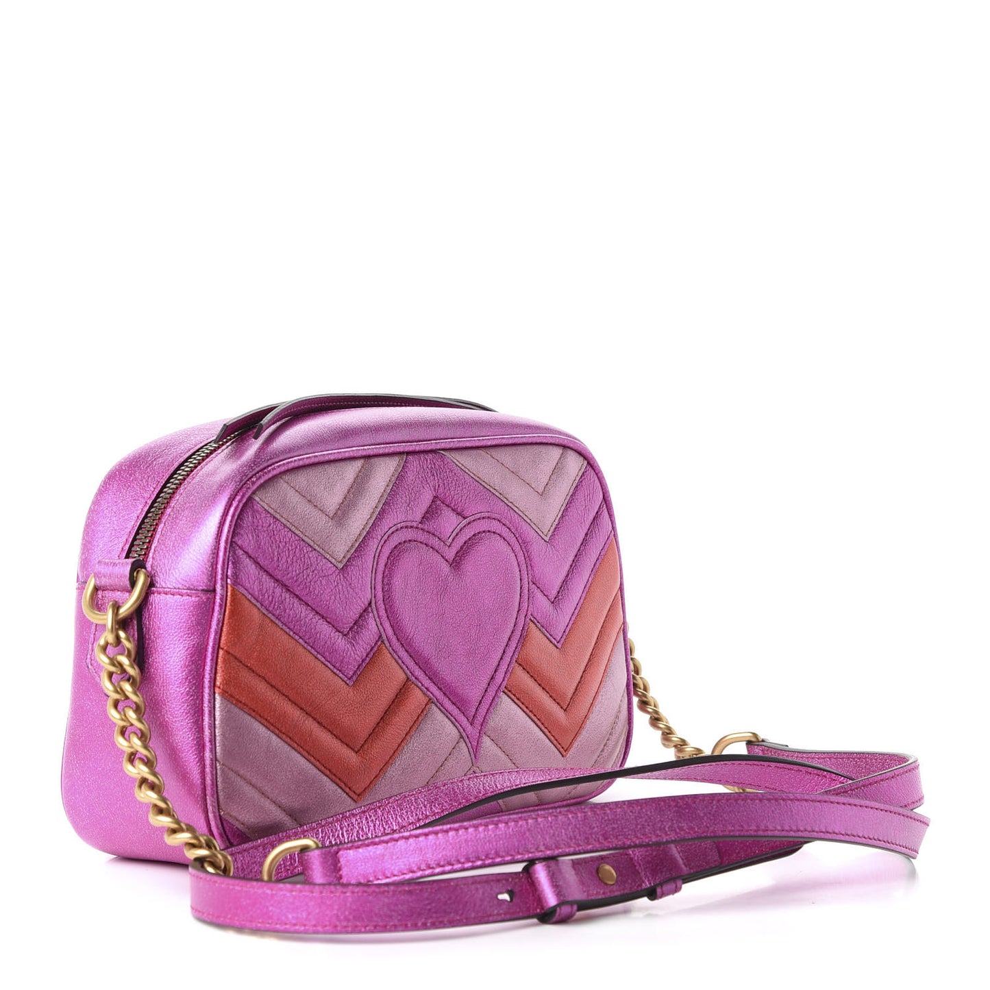 Laminated Nappa Matelasse Small GG Marmont Chain Shoulder Bag Fuxia Rosso Rosa