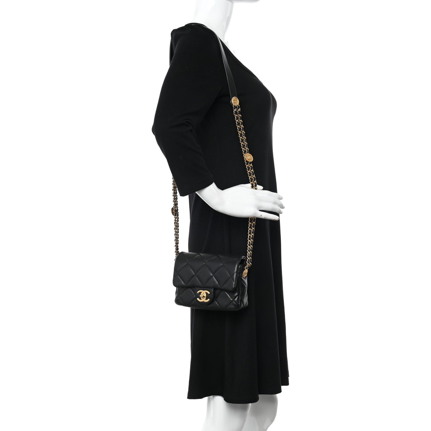 Caviar Quilted Mini Twist Your Buttons Flap Black