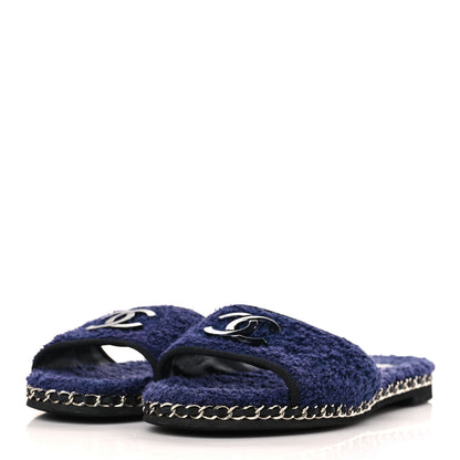 Chanel Terry CC Flat Mules 39 Navy Blue 3 of 7