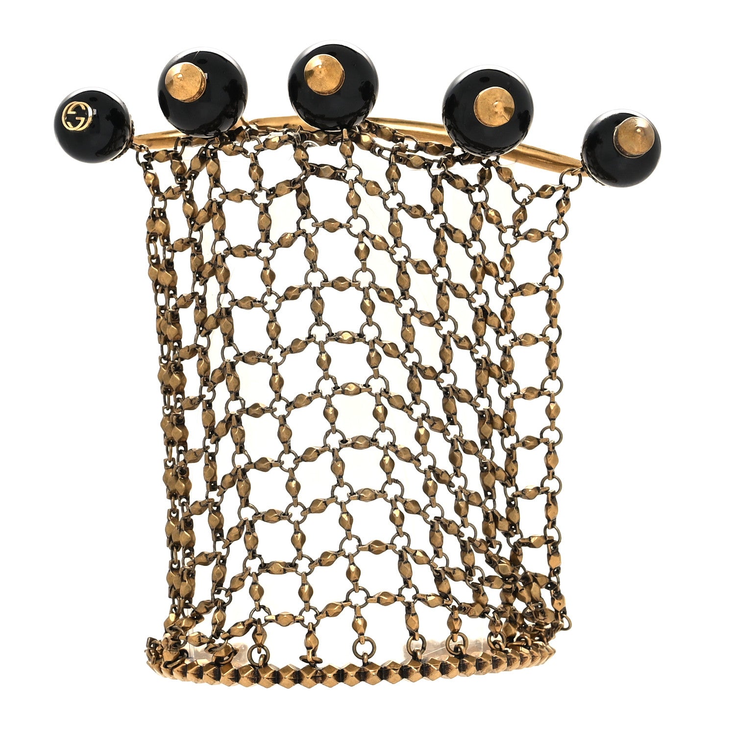 Gucci Metal Embellished Pearl Multi-Finger Ring Bracelet Black Gold 1 of 4
