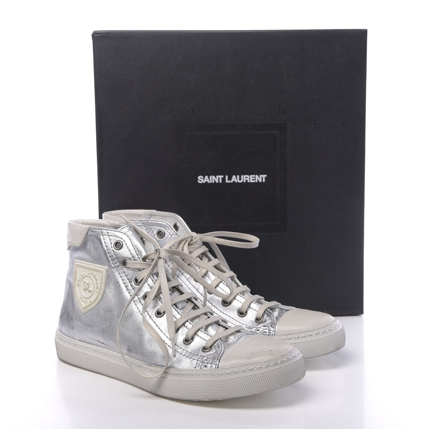 Distressed Calfskin Bedford Logo-Appliqued Hightop Sneakers 38 Argento Cream White