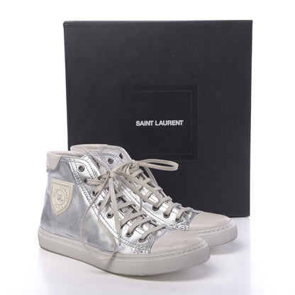 Saint Laurent Distressed Calfskin Bedford Logo-Appliqued Hightop Sneakers 38 Argento Cream White 9 of 9