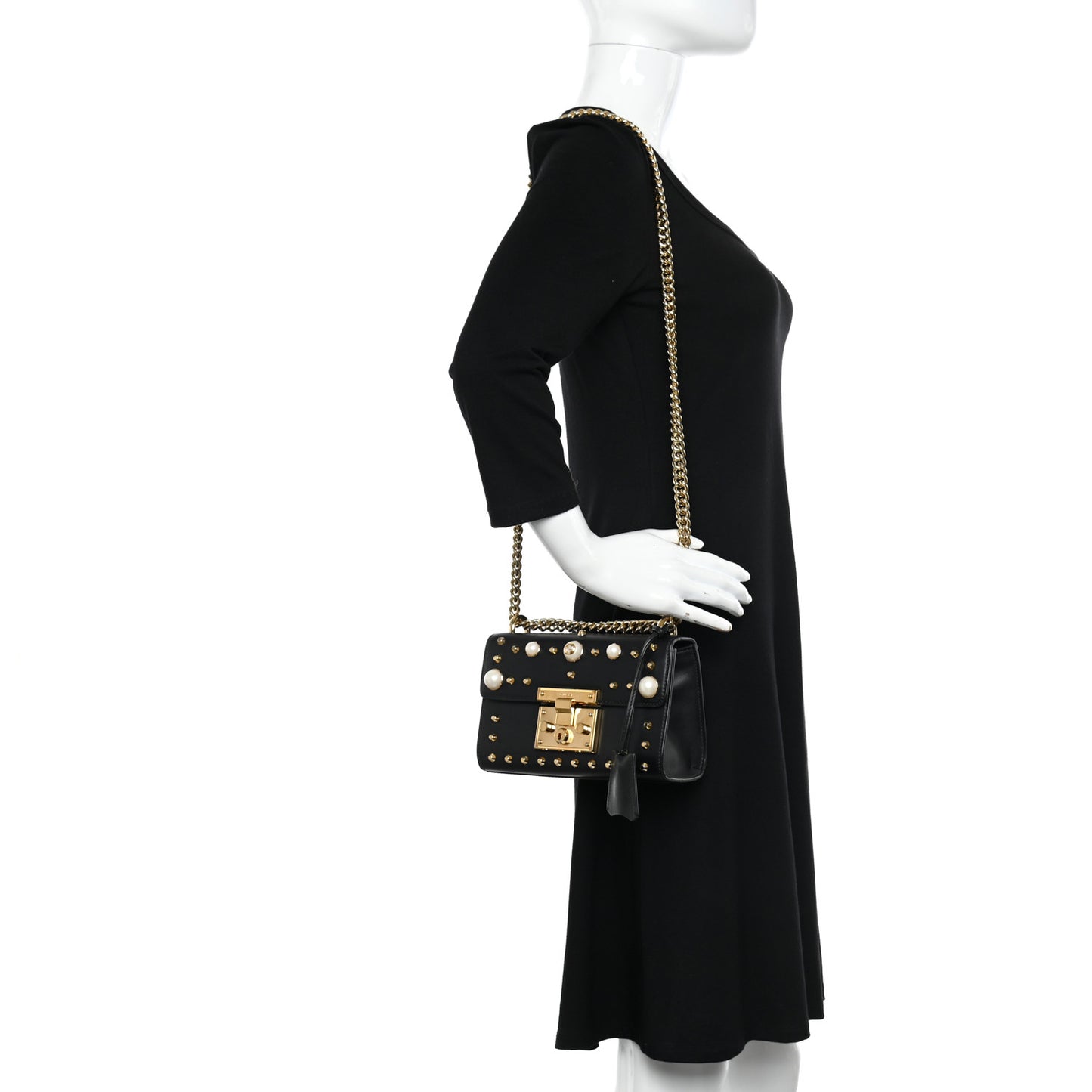 Calfskin Studded Small Padlock Shoulder Bag Black