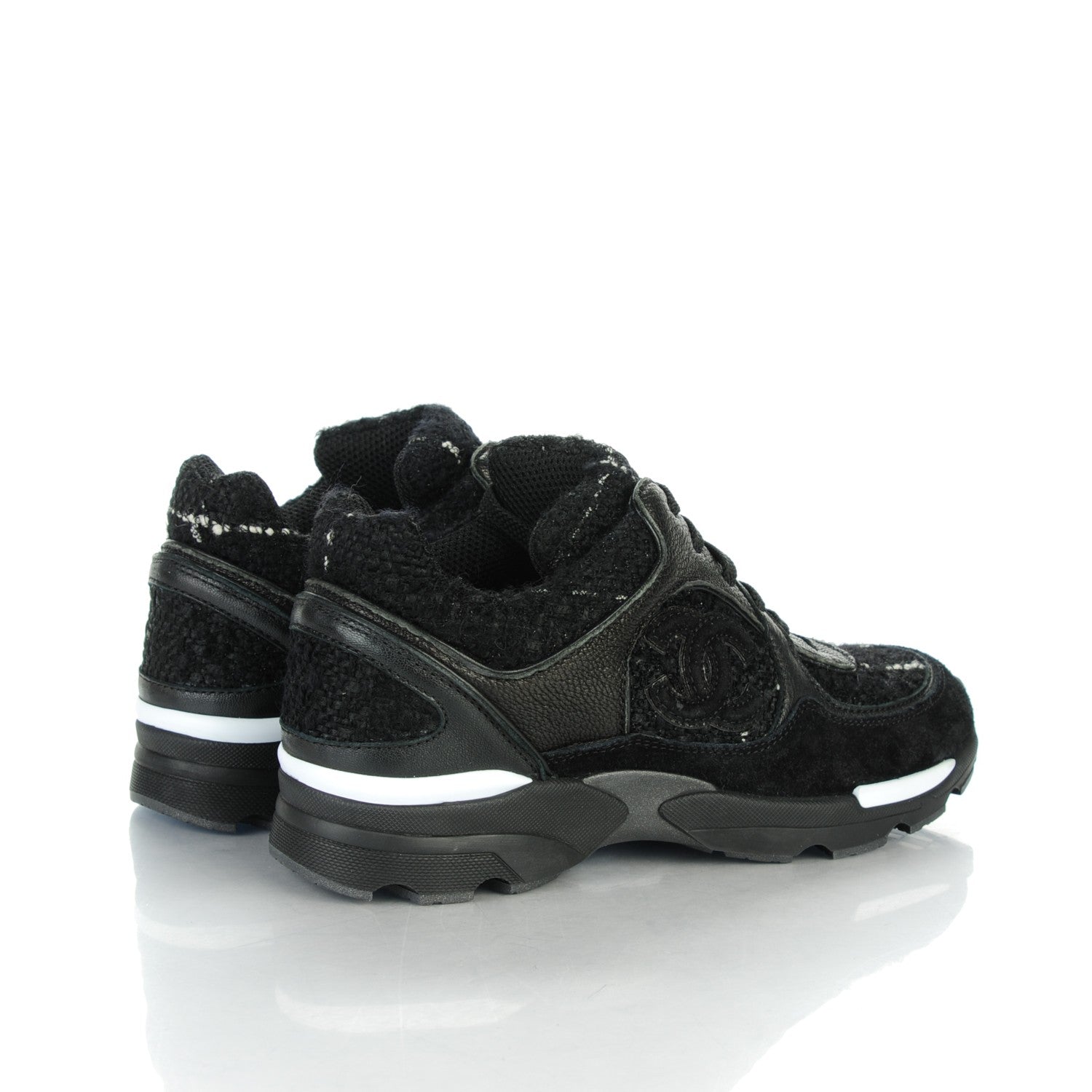 Chanel Suede Tweed Goatskin CC Sneakers 34.5 Black 4 of 8