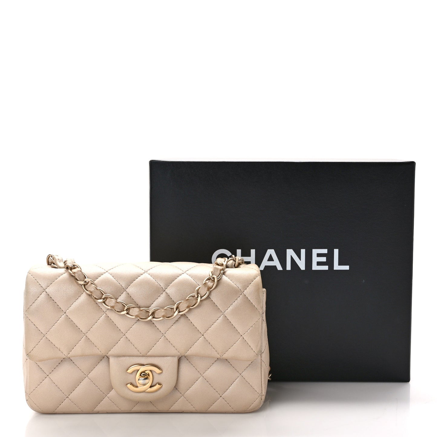 Iridescent Calfskin Quilted Mini Rectangular Flap Beige