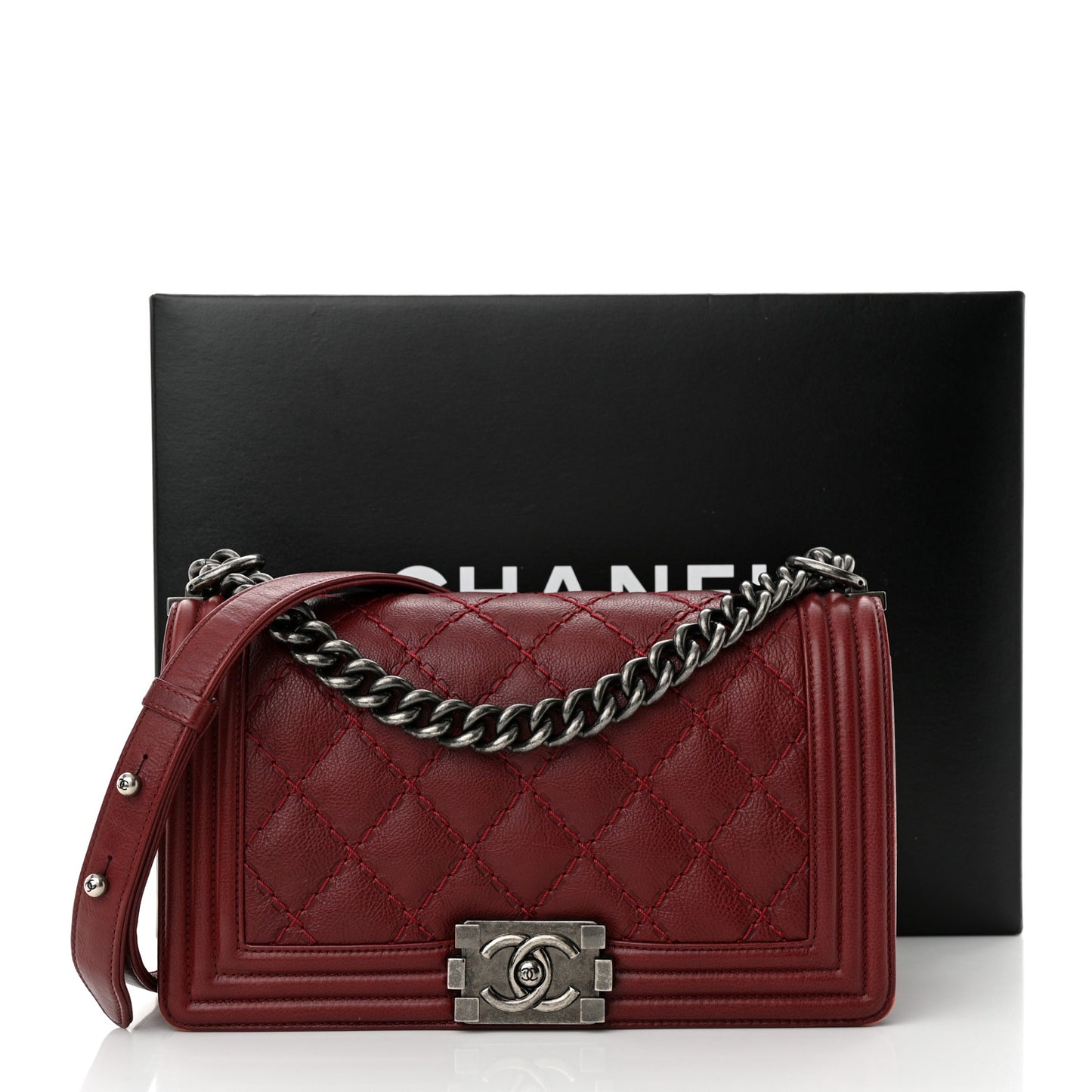 Calfskin Double Stitch Medium Boy Flap Burgundy