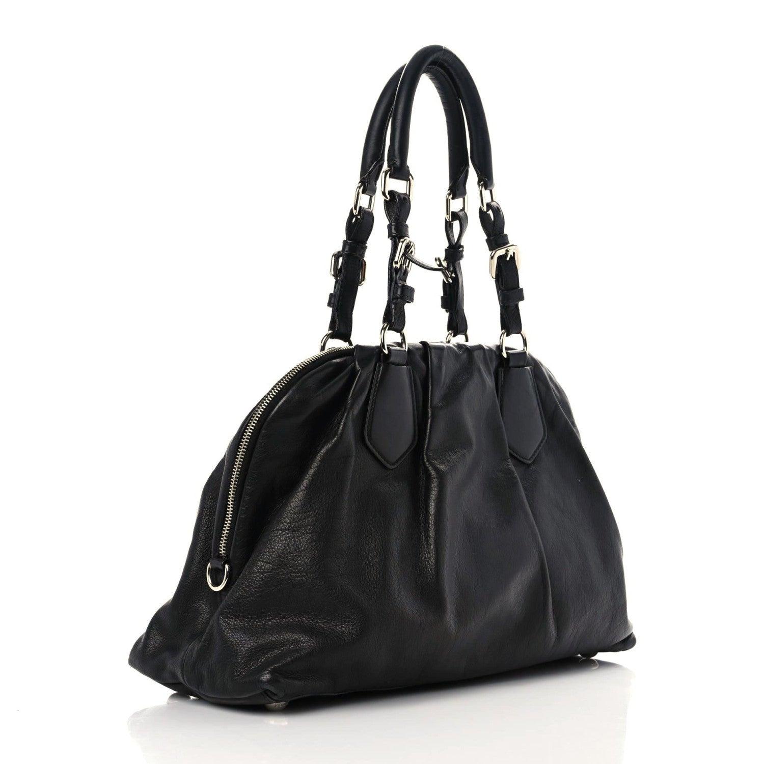 Prada Soft Calf Pleated Tote Black 2 of 14