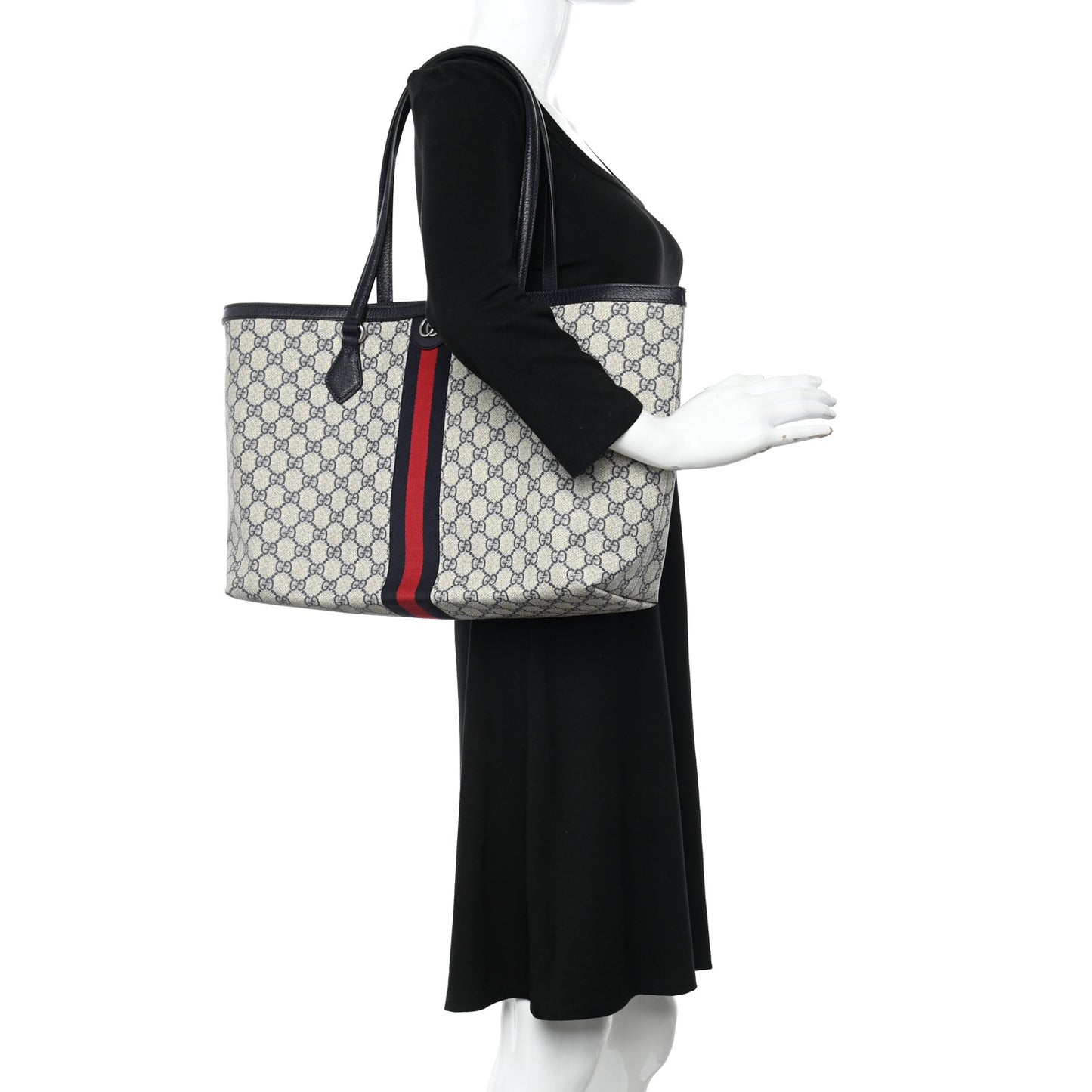 GG Supreme Monogram Textured Calfskin Web Medium Ophidia Shopping Tote Beige Blue