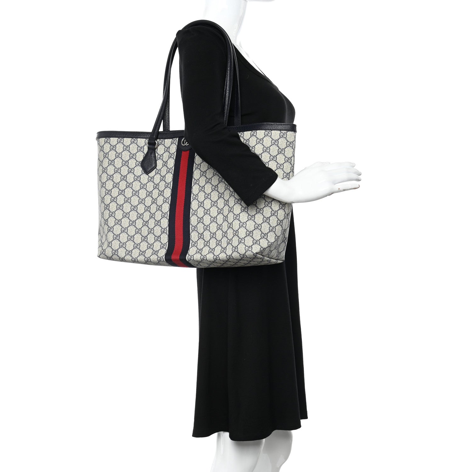 Gucci GG Supreme Monogram Textured Calfskin Web Medium Ophidia Shopping Tote Beige Blue 2 of 9