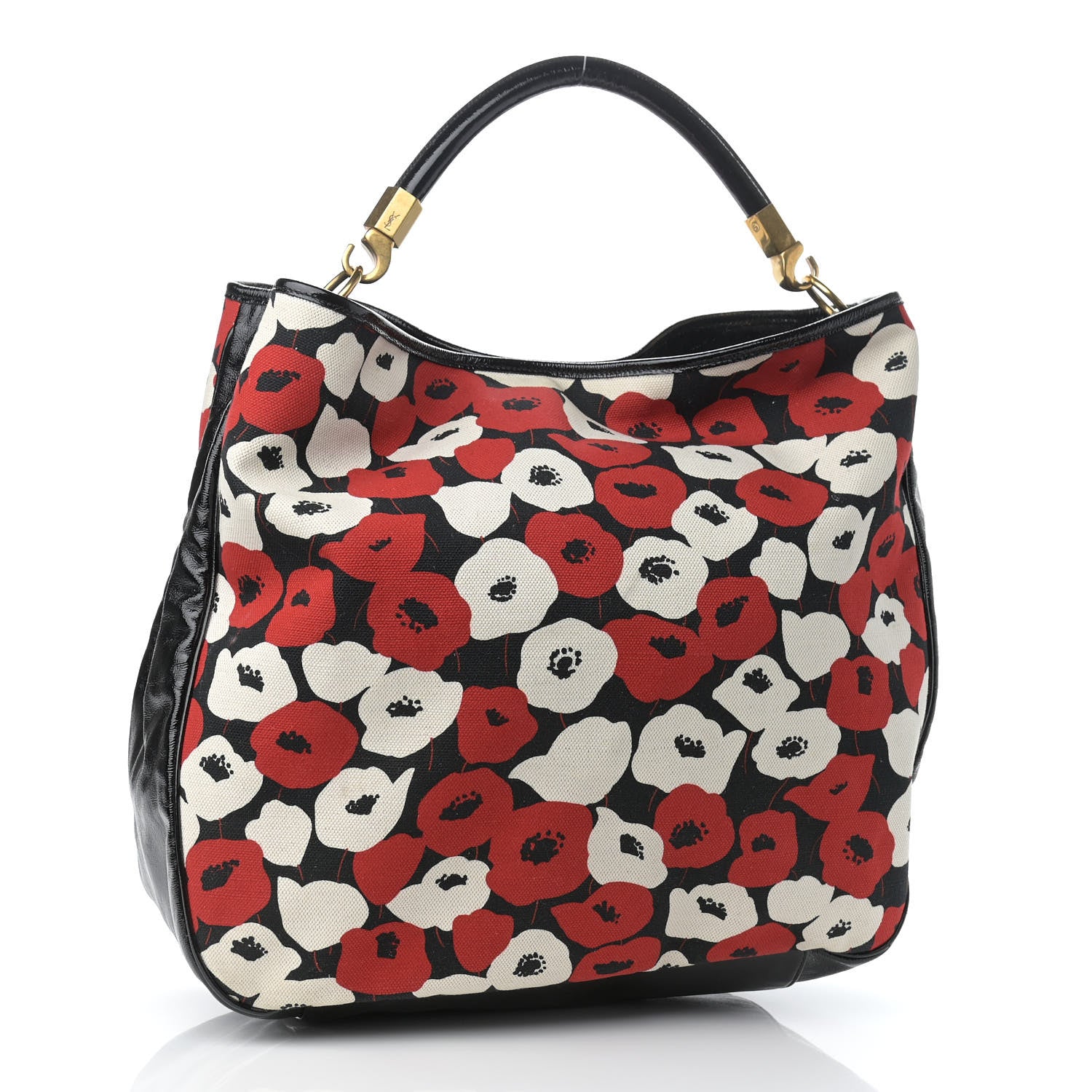 Saint Laurent Patent Leather Canvas Poppy Print Large Roady Hobo Black 3 of 9