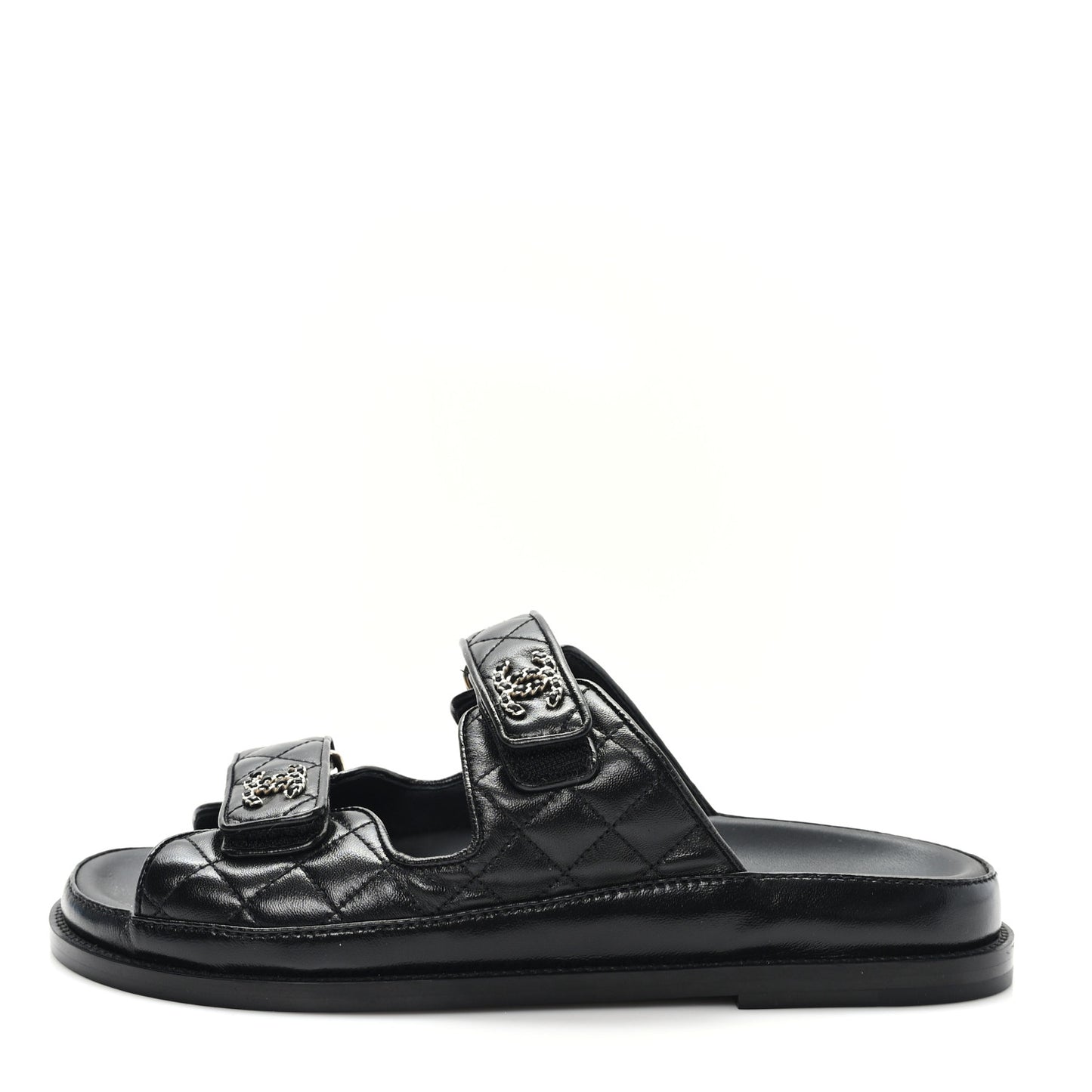 Lambskin Quilted Velcro Dad Chain CC Slide Sandals 40 Black