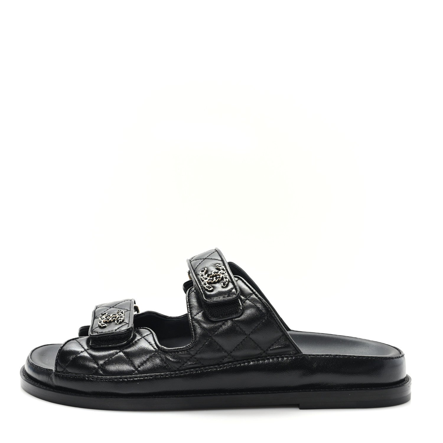Chanel Lambskin Quilted Velcro Dad Chain CC Slide Sandals 40 Black 1 of 9