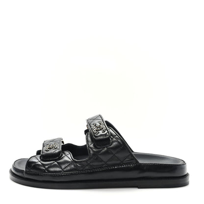 Chanel Lambskin Quilted Velcro Dad Chain CC Slide Sandals 40 Black 1 of 9