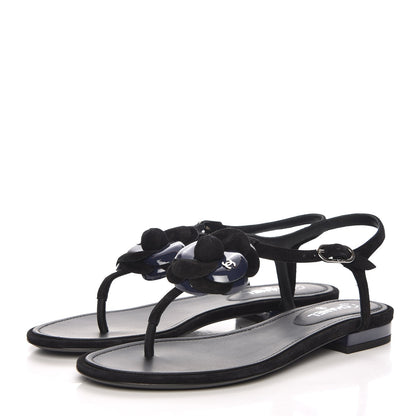 Chanel Suede Patent Calfskin Camellia Thong Sandals 36 Black 3 of 9