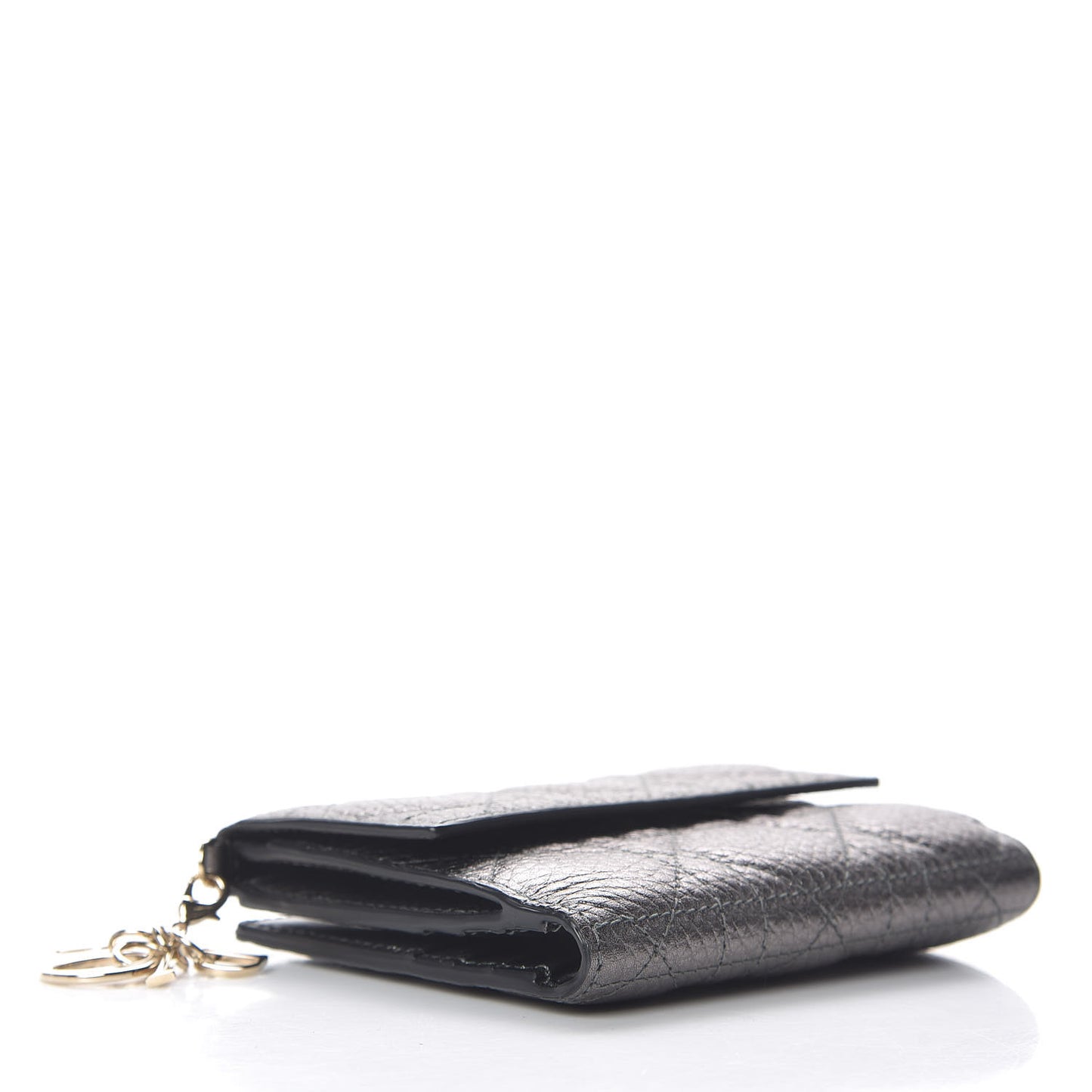 Metallic Grained Calfskin Cannage Lady Dior French Wallet Gunmetal