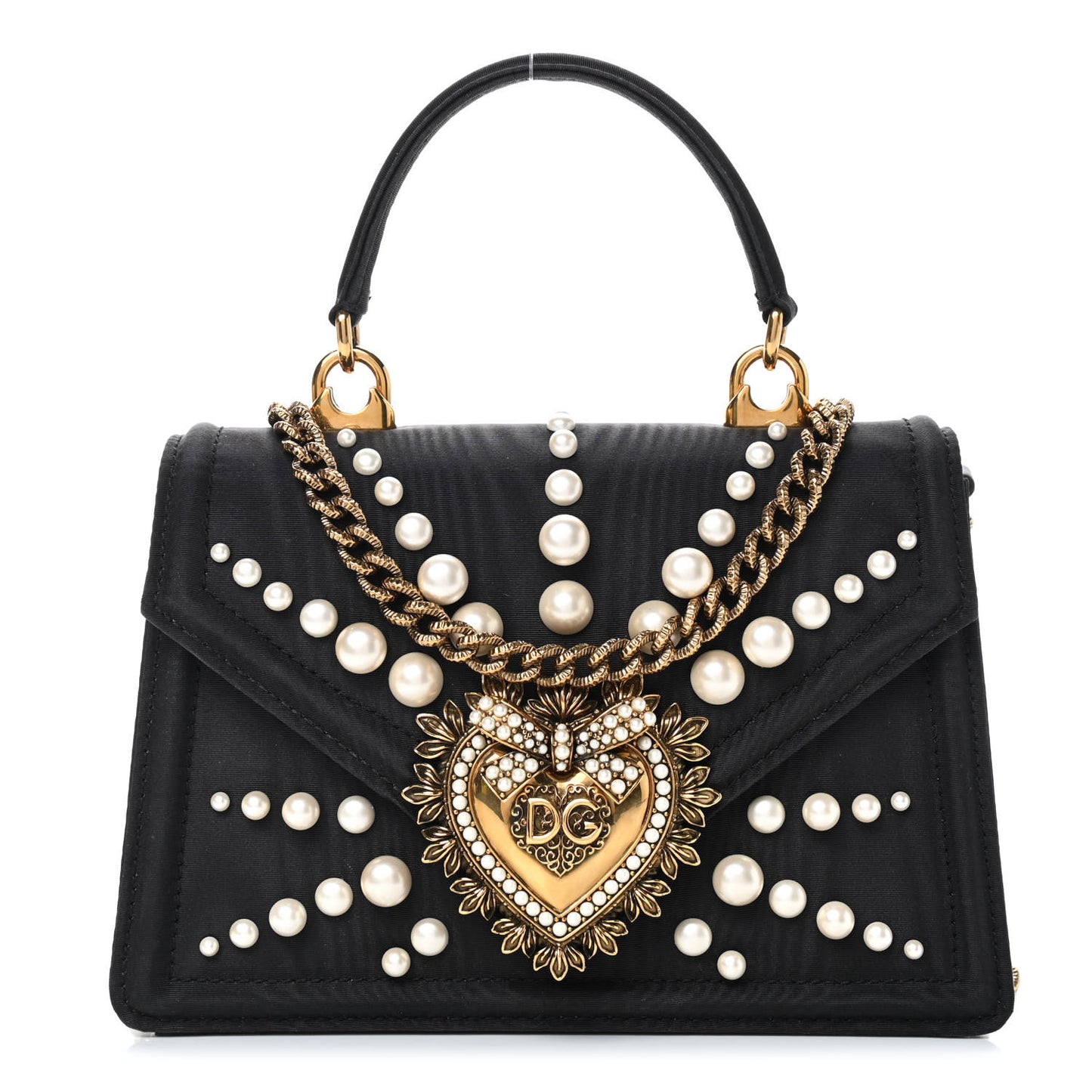 Moire Pearl Embellished Small Devotion Top Handle Bag Black