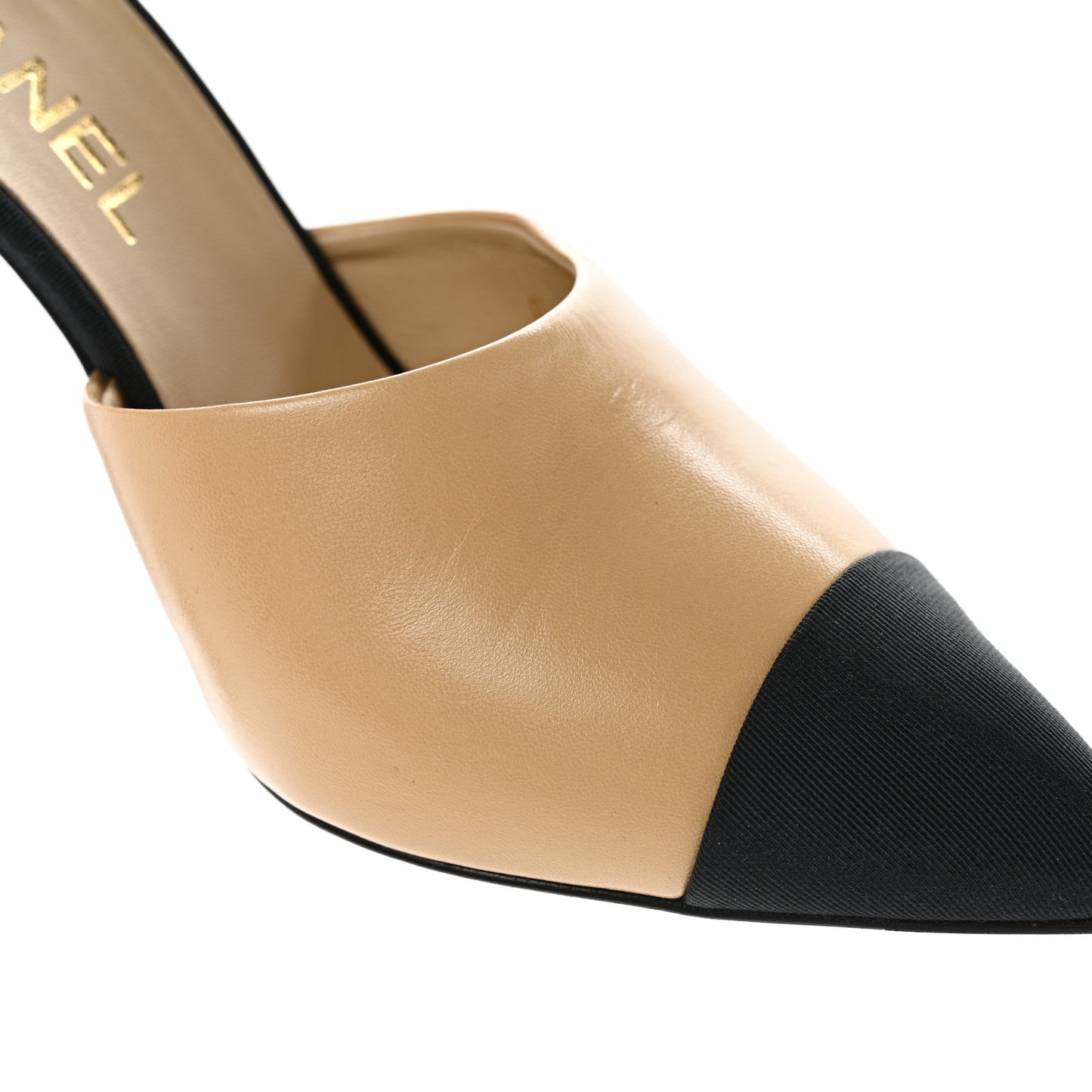 Goatskin Grosgrain Cap Toe Pearl Mule 36 Beige Black