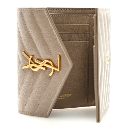Saint Laurent Grain De Poudre Matelasse Chevron Monogram Compact Tri Fold Wallet Light Taupe 5 of 6
