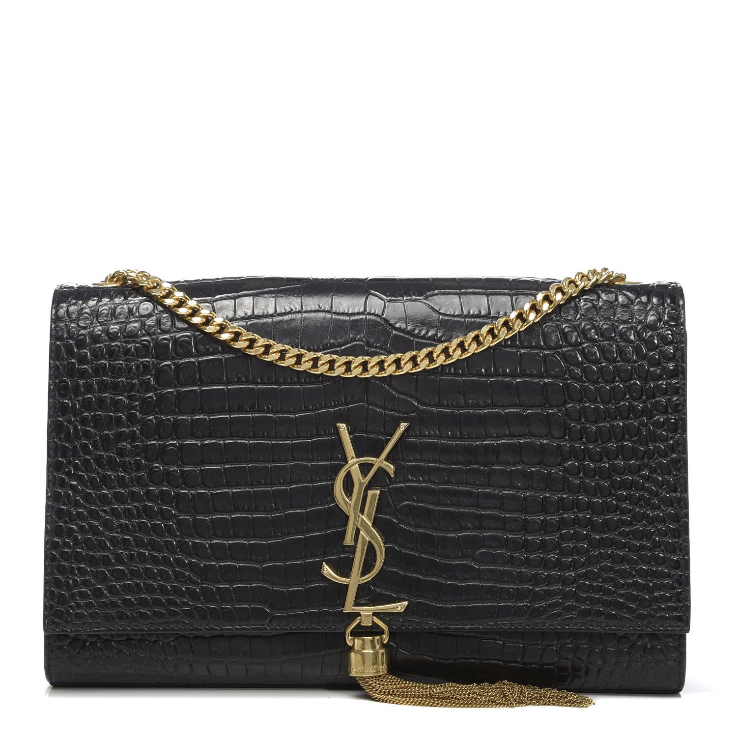 Saint Laurent Calfskin Crocodile Embossed Medium Classic Monogram Kate Tassel Satchel Black 1 of 10