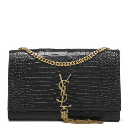 Saint Laurent Calfskin Crocodile Embossed Medium Classic Monogram Kate Tassel Satchel Black 1 of 10