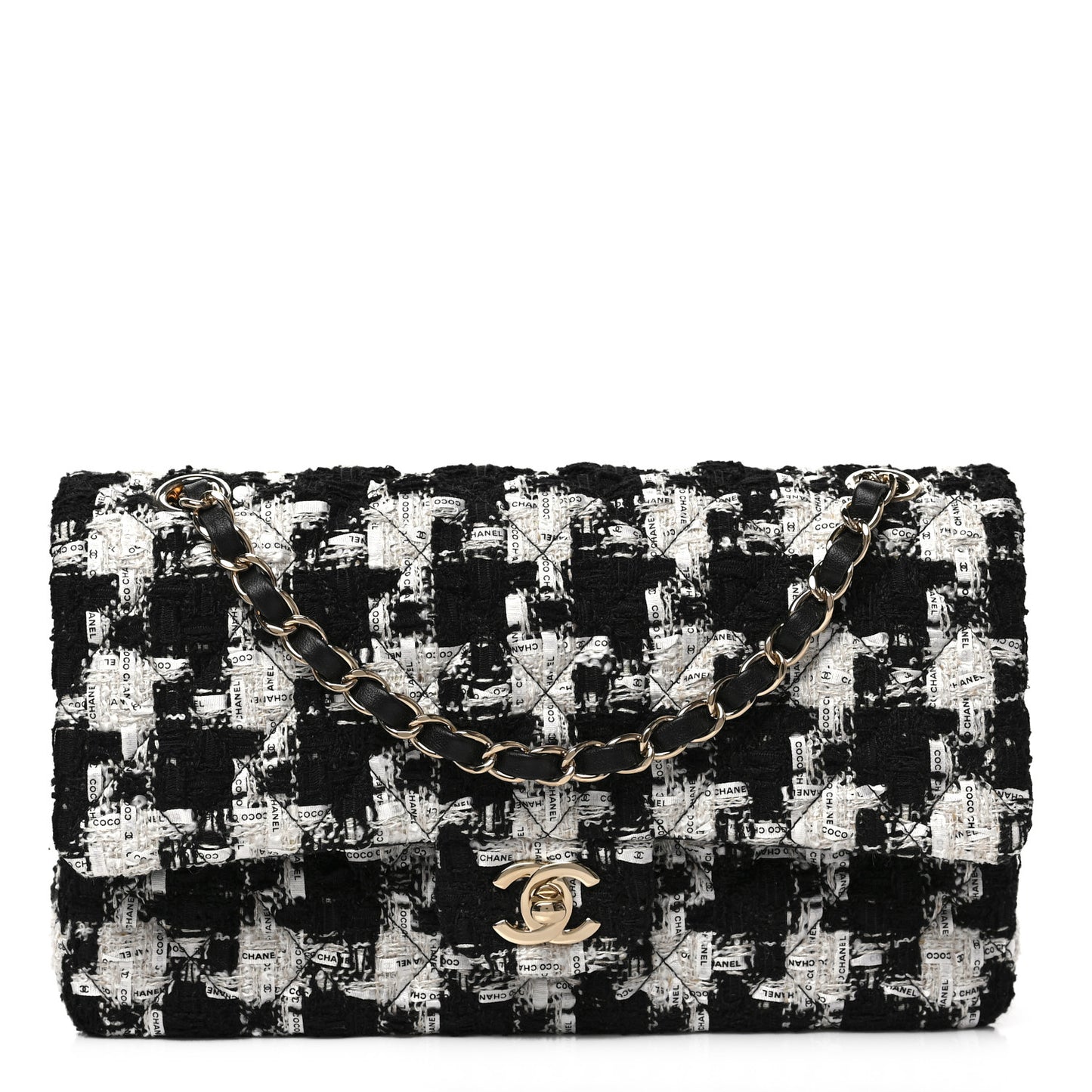 Tweed Quilted Medium Double Flap Black Ecru White