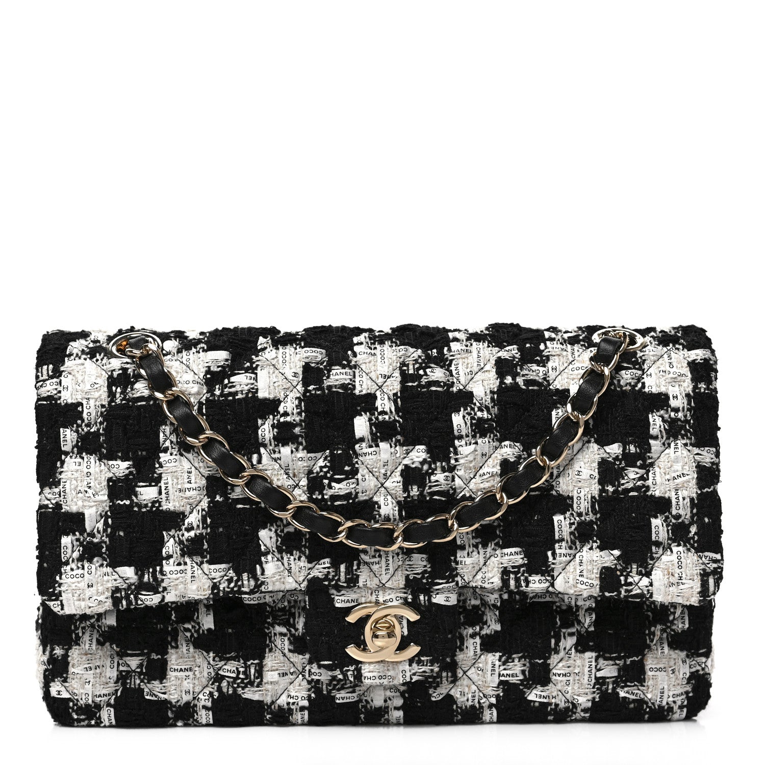 Chanel Tweed Quilted Medium Double Flap Black Ecru White 1 of 8